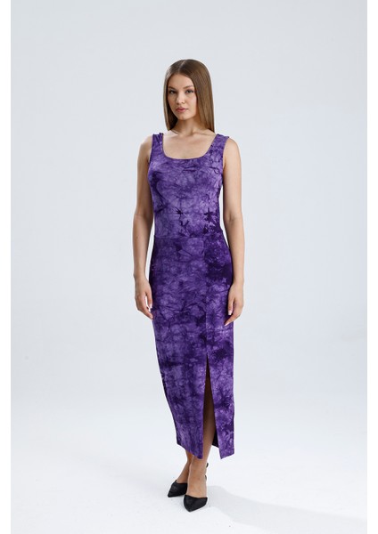 Kolsuz Kare Yaka Yırmaçlı Örme Viskon Elbise | ELB36253