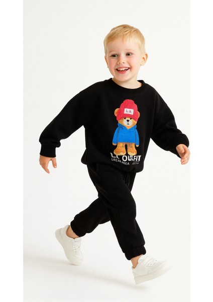Erkek Çocuk La Baskıılı Bere Kabartmalı Alt-Üst Takım Siyah
