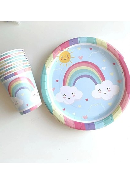 Bulutlu Gökkuşağı Parti Konsepti Tabak Bardak Seti, Rengarenk Pastel Doğum Günü