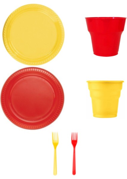 Plastik Tabak, Bardak, Çatal Set 48 Kişilik Sarı - Kırmızı