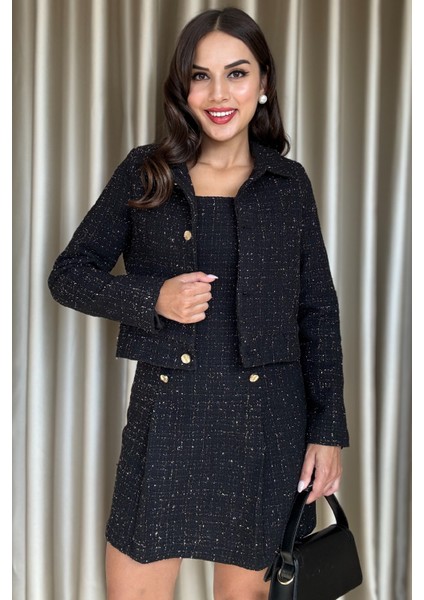 Elenor Simli Dokuma Gold Düğmeli Premium Şık Kadın Siyah Etekli Takım modelleri