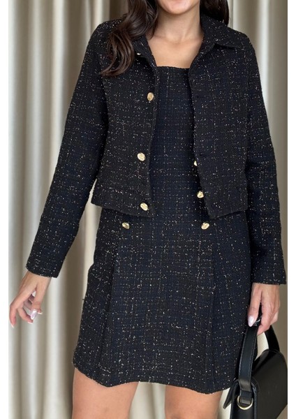 Elenor Simli Dokuma Gold Düğmeli Premium Şık Kadın Siyah Etekli Takım fırsatları