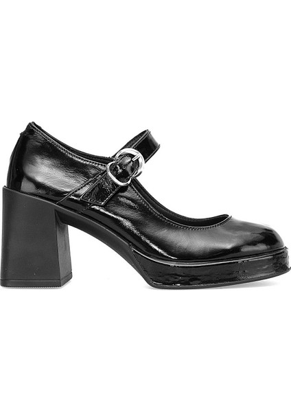D25KA-470 Kadın Hakiki Rugan Deri Klasik Topuklu Ayakkabı Siyah