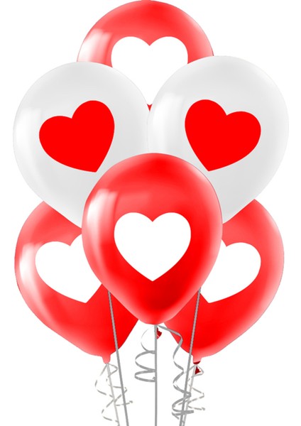 Pastel Balon Baskılı 50LI -Kırmızı Beyaz Kalp- Sevgiliye En Güzel Hediye