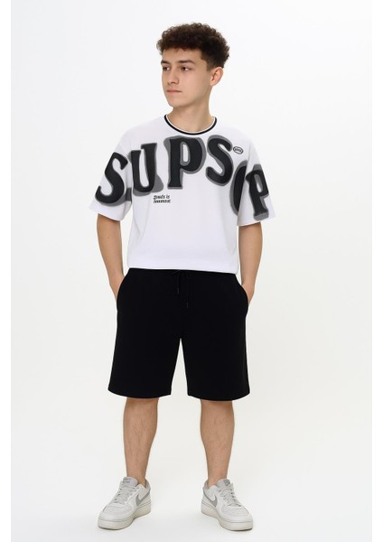 Erkek Yazlık Oversize Baskılı Tişört ve Şort Takımı – Beyaz & Siyah 6036