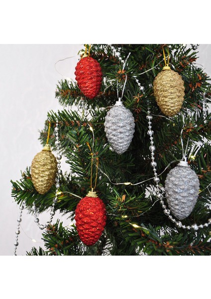 Yılbaşı Çam Ağacı Süsü Renkli Kozalak Gold Kırmızı Gümüş Simli 6 Adet