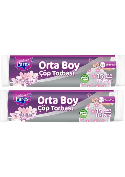 Büzgülü Çöp Torbası Kiraz Çiçeği Kokulu 15'li Orta Boy 55 x 60 cm Ikili Paket