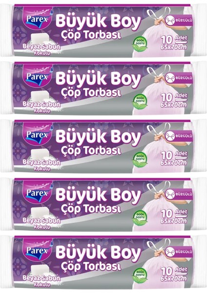 Büzgülü 10'lu Çöp Torbası Beyaz Sabun Kokulu Büyük Boy 65 x 70 cm Beşli Paket