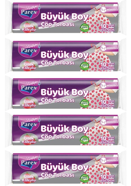 Premium 10'lu Büzgülü Çöp Torbası Çilek Kokulu Büyük Boy 65 x 70 cm Beşli Paket
