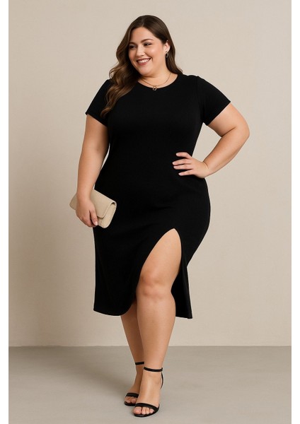 Kadın Büyük Beden Kısa Kollu Yanı Yırtmaçlı Bisiklet Yaka Viskon Elbise