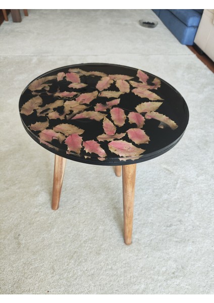 El Yapımı Gerçek Yapraklı Epoksi Yan Sehpa – Siyah Zeminli Şeffaf Reçine, Dekoratif Naturel Ahşap Ayaklı 35 cm fiyatları