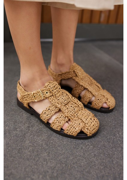 Romus Kadın Siyah El Orgu Hasır Sandalet