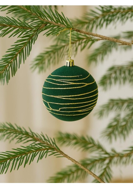 Kadife Yılbaşı Topu – Altın Simli Çam Ağacı Süsü Yeşil 8 cm 3'lü