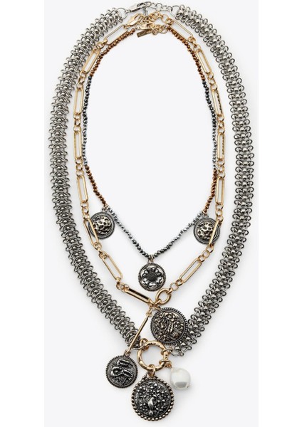 - Muse Necklaces - 3'lü Zincir Madalyon Trend Kadın Kolye (KOD-370)