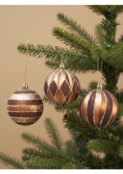 Yılbaşı Topu Karışık Desen – Kahverengi Bronz Işıltılı Çam Ağacı Süsü 8 cm 3'lü