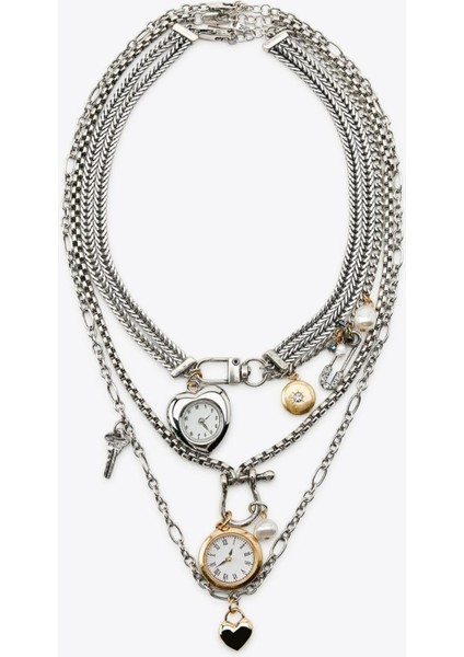 - Muse Necklaces - 3'lü Zincir Saat Trend Kadın Kolye (KOD-371)