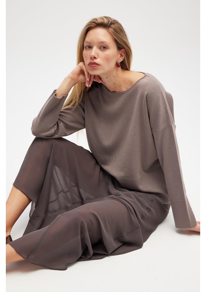 Paraluna Rio Düz Örgü Kadın Triko Kazak - Kum Gri indirimleri