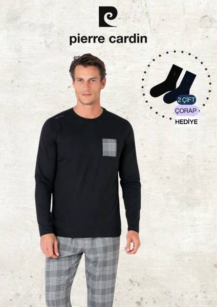 Erkek %100 Pamuk Ekose Detaylı 2 Parça Siyah Pijama Takımı (2 Adet Hediye Çorap) L1.PC.6107.001