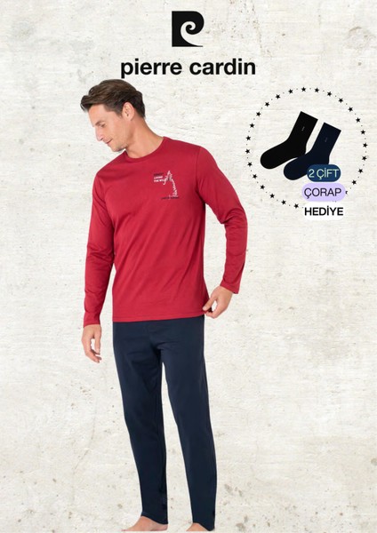 Erkek %100 Pamuk Uzun Kol Baskılı Bordo Pijama Takımı (2 Adet Hediye Çorap) L1.PC.6103.001