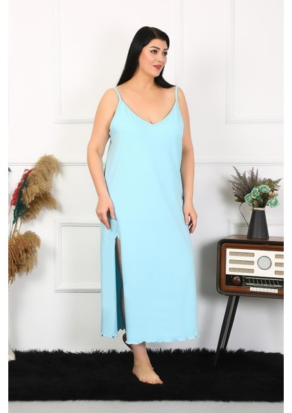 Kadın Büyük Beden Ip Askılı Pamuklu Mavi Uzun Gecelik modelleri
