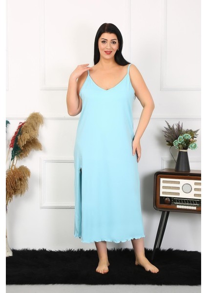 Kadın Büyük Beden Ip Askılı Pamuklu Mavi Uzun Gecelik fırsatları