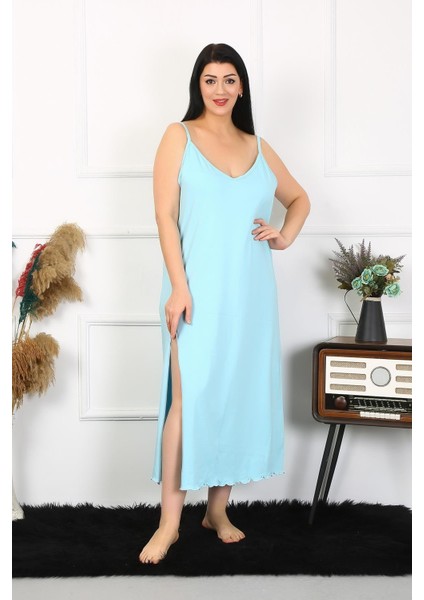 Kadın Büyük Beden Ip Askılı Pamuklu Mavi Uzun Gecelik indirimleri
