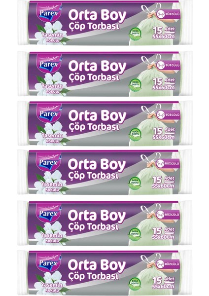 Büzgülü Çöp Torbası Yasemin Kokulu 15'li Orta Boy 55 x 60 cm Altılı Paket