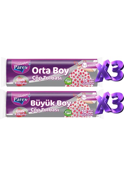 Büzgülü 6 Adet Çöp Torbası Çilek Kokulu Büyük ve Orta Boy