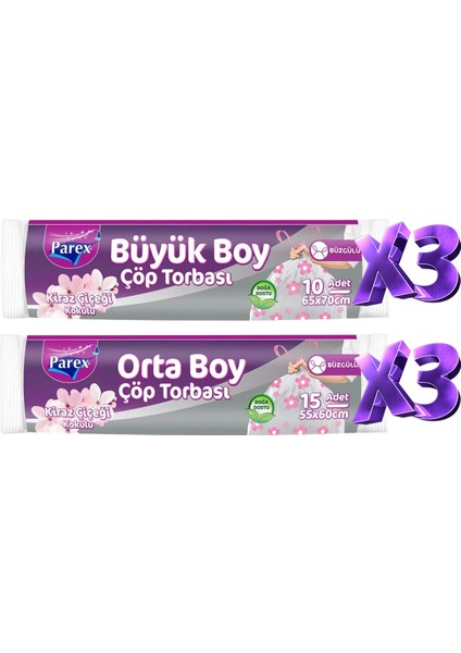 Büzgülü 6 Adet Çöp Torbası Kiraz Kokulu Büyük ve Orta Boy