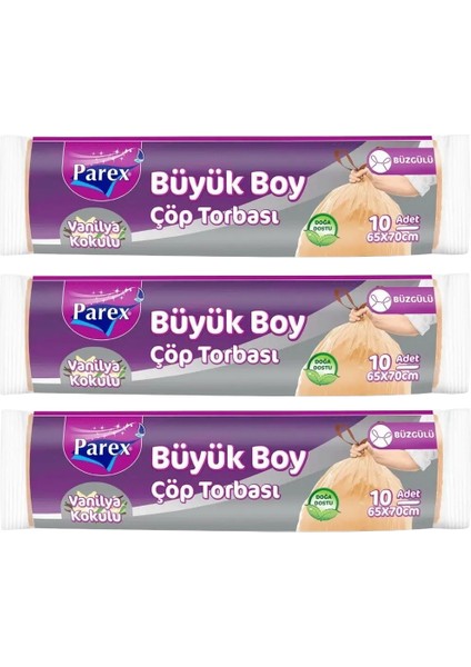 Büzgülü 10'lu Çöp Torbası Vanilya Kokulu Büyük Boy 65 x 70 cm Üçlü Paket