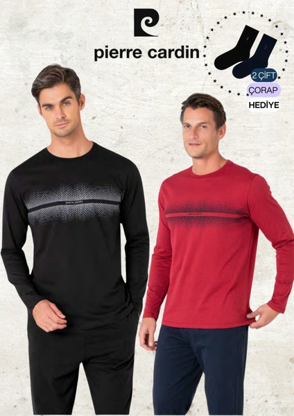 Erkek %100 Pamuk Uzun Kollu Desenli Siyah & Bordo Iki Adet Pijama Takımı L1.PC.6102.002