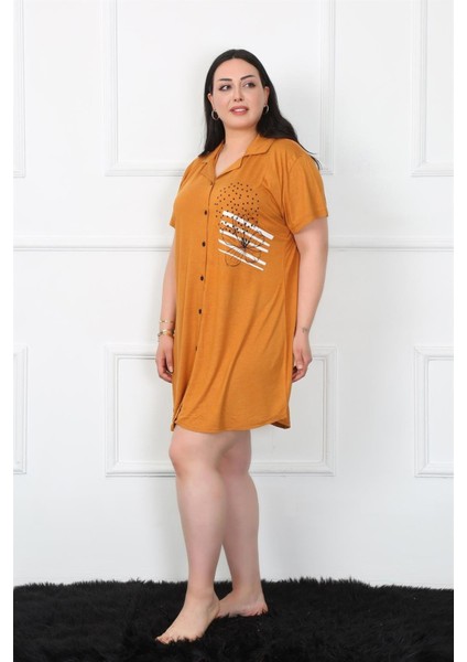 Büyük Beden Penye Düğmeli Hardal Tunik Gecelik fiyatları