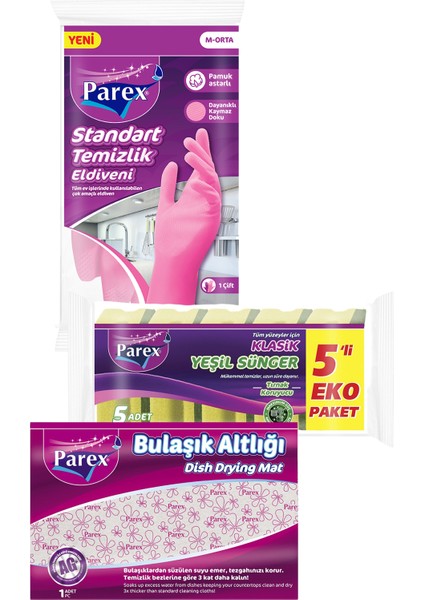 Klasik Yeşil Sünger Bulaşık Altlığı ve Temizlik Eldiveni Paketi