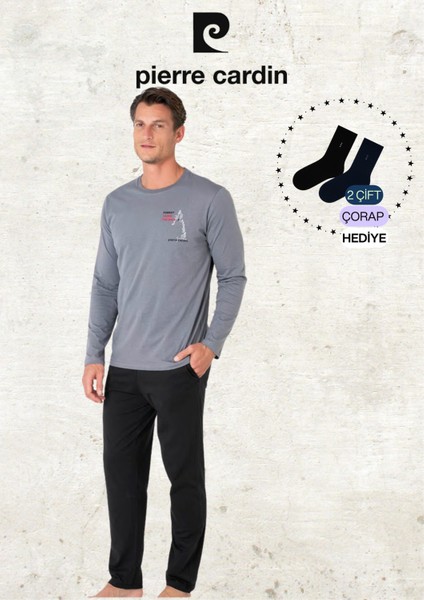 Erkek %100 Pamuk Uzun Kol Baskılı Koyu Gri Pijama Takımı (2 Adet Hediye Çorap) L1.PC.6103.001