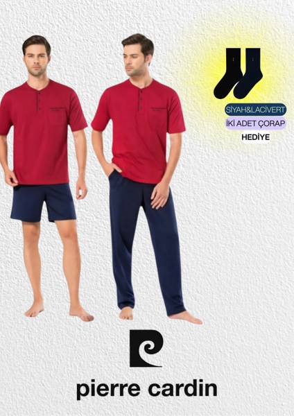 Erkek Giyim Bordo Penye 3'lü Kısa Kol Pijama Takımı (2 Adet Çorap Hediyeli) L1.PC.5370.001