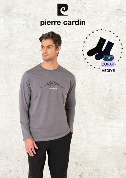 Erkek Giyim %100 Pamuk Uzun Kollu Koyu Gri Pijama Takımı (2 Adet Hediye Çorap) L1.PC.6101.001