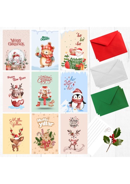 18 Parça Yılbaşı Kartpostal ve Zarf Seti (9 Adet Kartpostal ve 3er Adet Beyaz, Kırmızı, Yeşil Zarf)