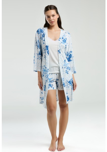 Kadın Ev Giyim Askılı & Şort & Sabahlık 3 Parça Beyaz & Mavi Kutulu Pijama Takımı L1.PC.004.102.K13 modelleri