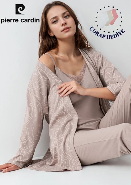 Kadın Giyim Modal 3 Parça Vizon Sabahlık & Pijama Takımı L1.PC.9099.001