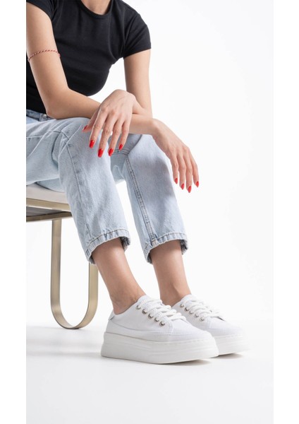 Modaserdem Glown Kadın Beyaz Keten Spor Ayakkabı