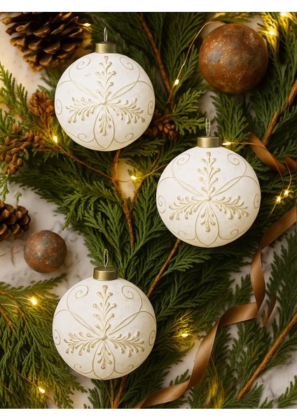 Yılbaşı Topu Retro Altın Işlemeli Çam Ağacı Süsü Beyaz 8 cm – 3'lü Set