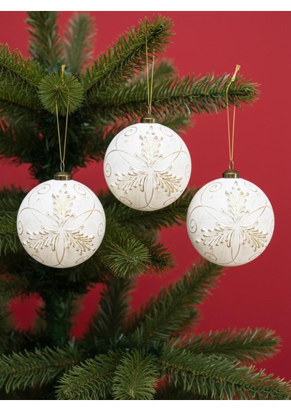 Yılbaşı Topu Retro Altın Işlemeli Çam Ağacı Süsü Beyaz 8 cm – 3'lü Set fiyatları
