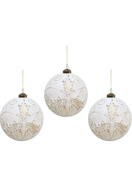 Yılbaşı Topu Retro Altın Işlemeli Çam Ağacı Süsü Beyaz 8 cm – 3'lü Set modelleri