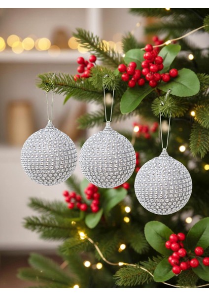 Yılbaşı Topu Kristal Taş Kaplama Çam Ağacı Süsü Gümüş 8 cm 3'lü