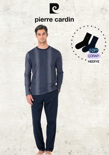 Erkek %100 Pamuk Uzun Kol Çizgi Detaylı Lacivert Pijama Takımı (2 Adet Hediye Çorap) L1.PC.6105.001