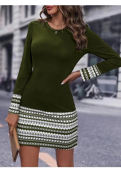 Mdb Kadın Uzun Kollu Bisiklet Yaka Kol Ağzı ve Etek Ucu Baskılı Iki Iplik Elbise