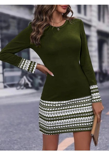 Mdb Kadın Uzun Kollu Bisiklet Yaka Kol Ağzı ve Etek Ucu Baskılı Iki Iplik Elbise modelleri