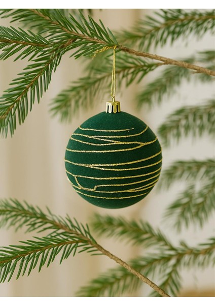 Kadife Yılbaşı Topu – Altın Simli Çam Ağacı Süsü Yeşil 10 cm 3'lü