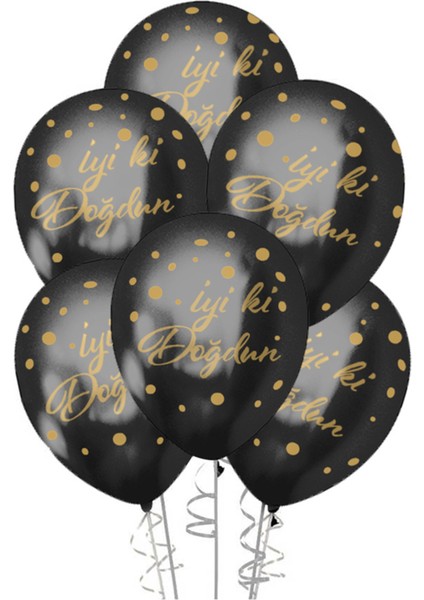 Altın Iyi Ki Doğdun Baskılı Siyah Krom Balon 5li -Iyiki Doğdun-