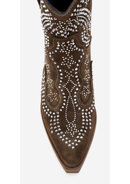 Kadın Taşlı Kalın Taban Western Bot Gerçek Süet Deri Zy 1610 Haki fiyatları